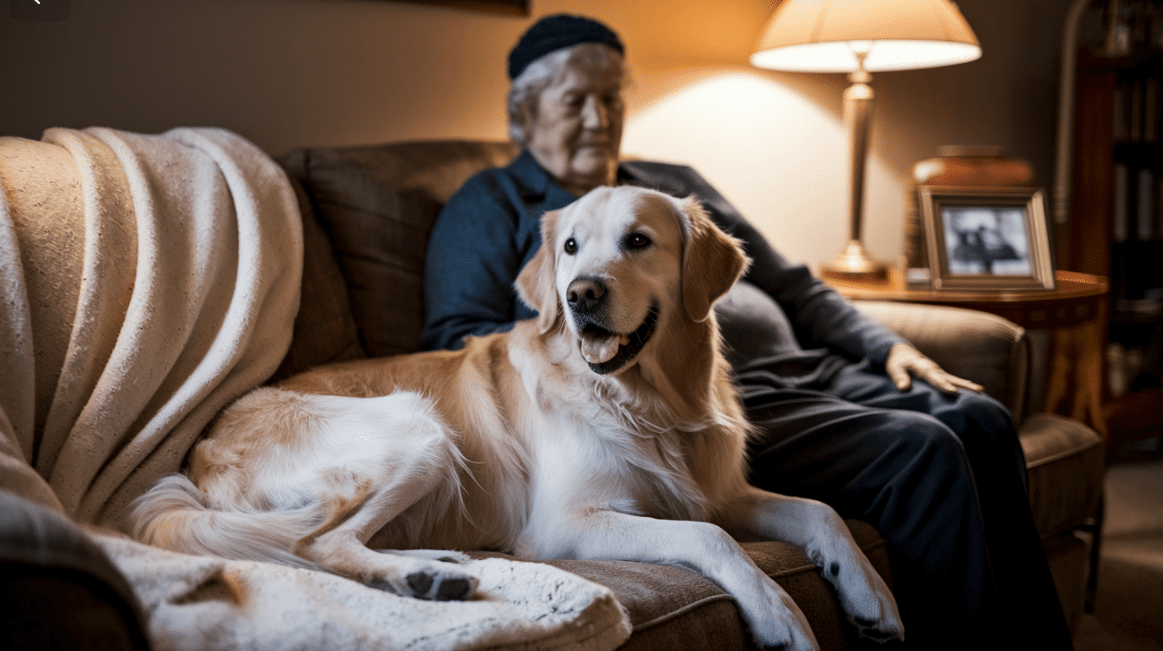 dog sitting on a sofa with an older lady