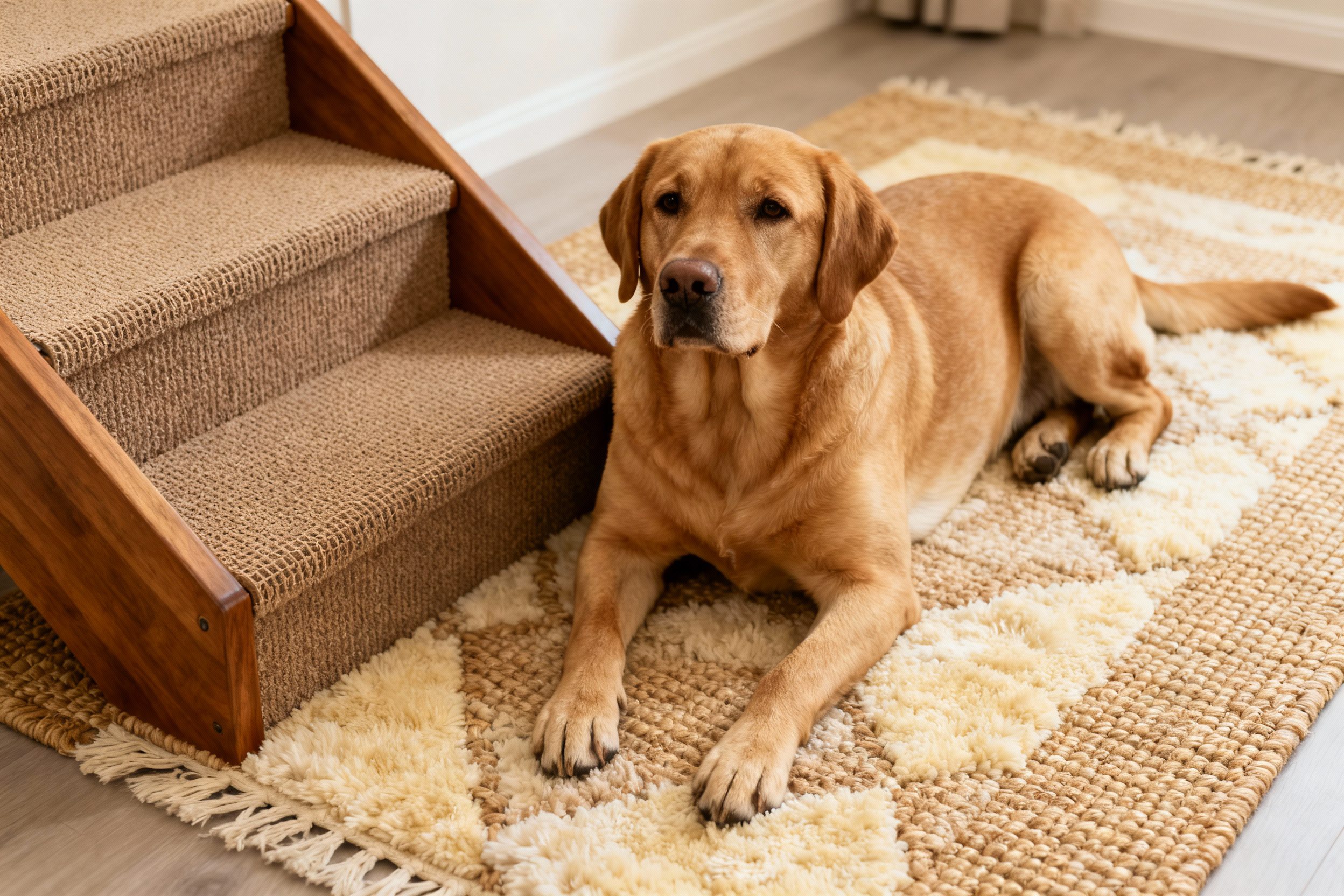 A dog lying on a mat next to some stairs