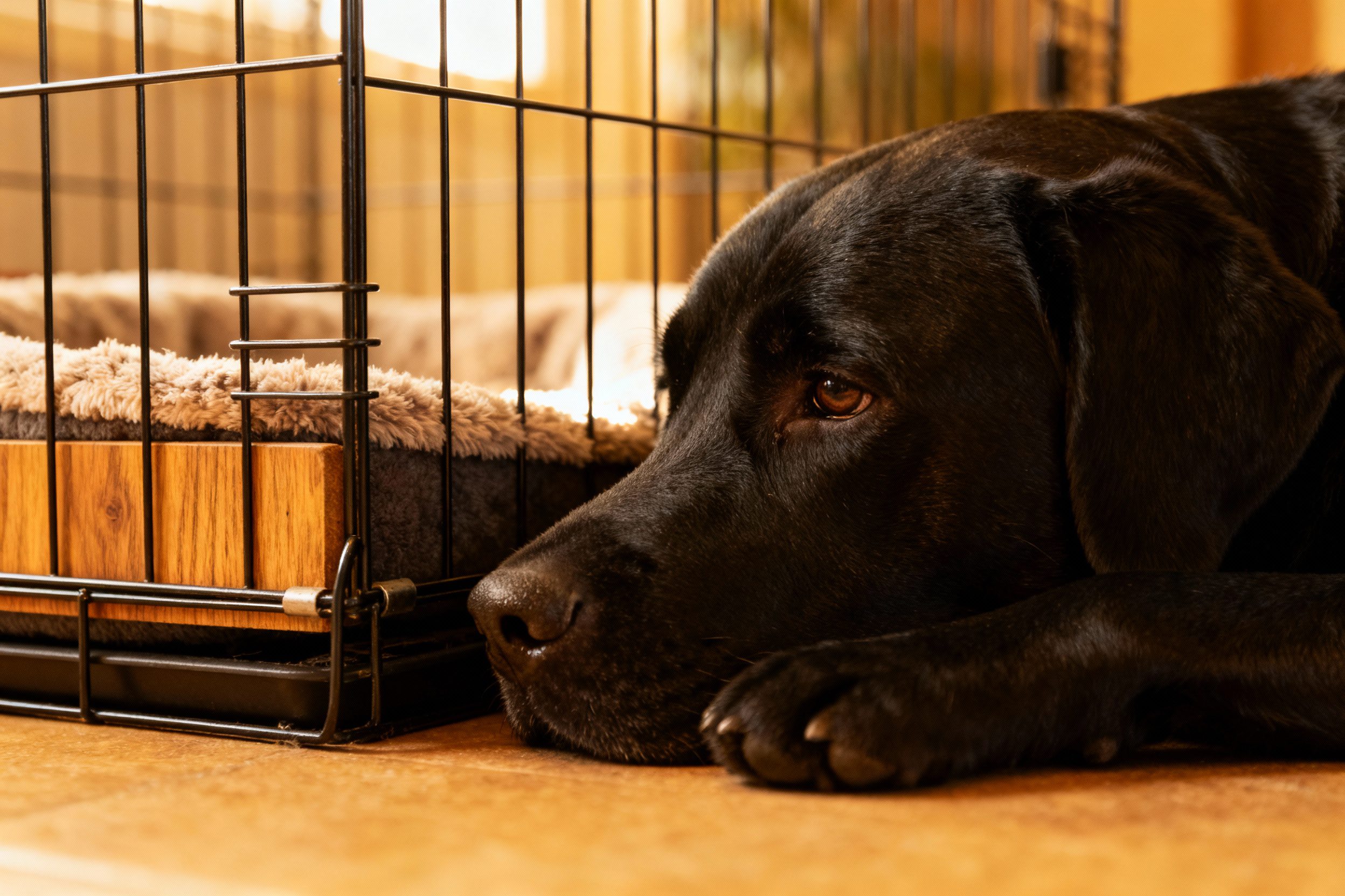Best Dog Crate Setups for Older Dogs 6 a brown/black Labrador dog laying on the floor outside a crate