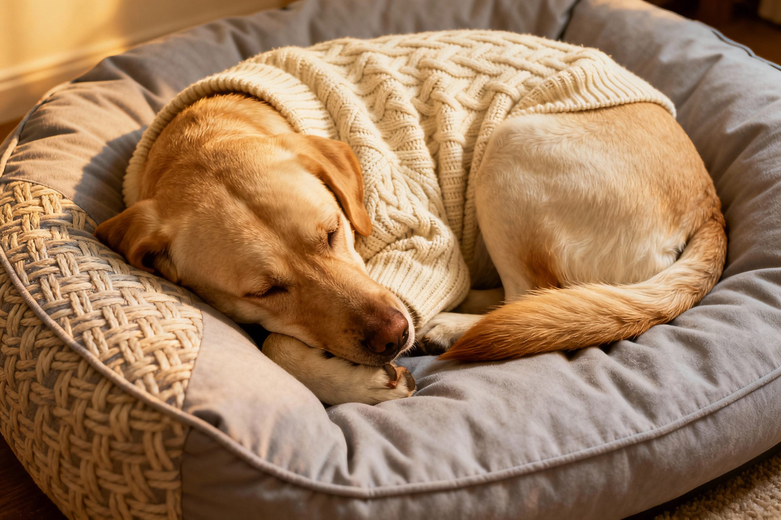 Crochet Clothing for Dogs: What Works for Warmth as Dogs Age 4 Dog curled up in basket wearing cream crochet jumper