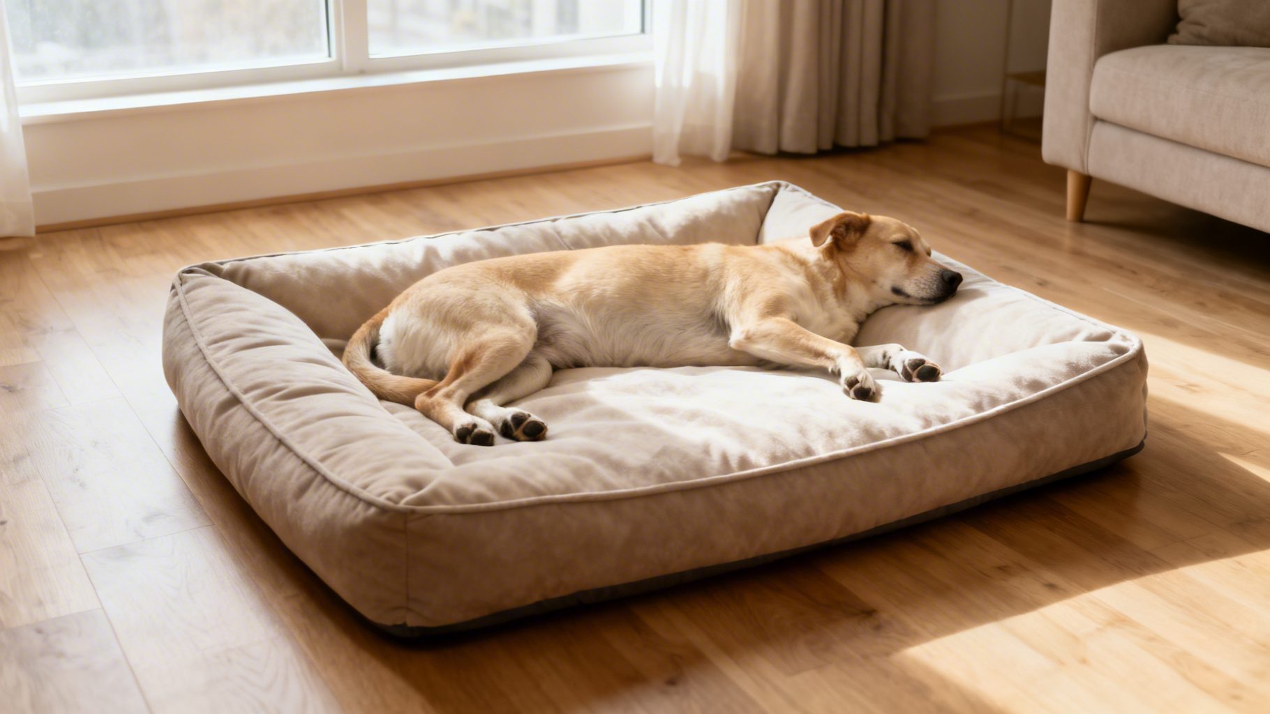 a cream dog lying sprawled across a large dog bed laying on a wooden floor next to sunlight window