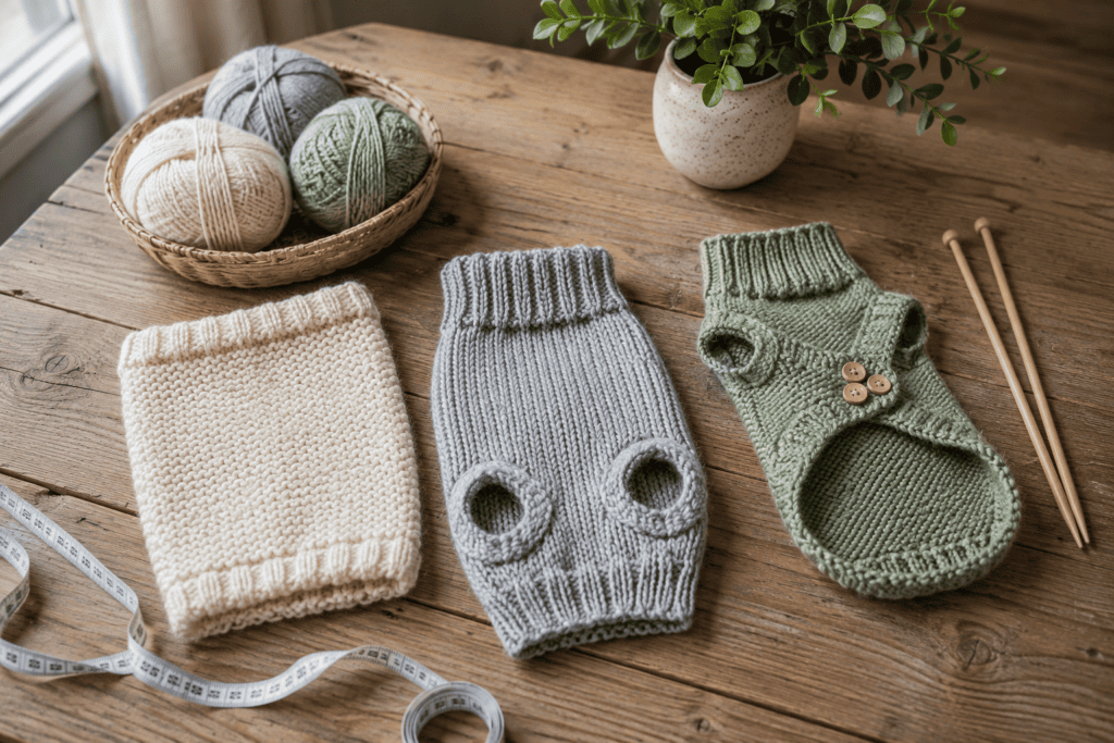 knitted dog sweaters laid neatly on a wooden table. One is a simple rectangular belly band, one is a basic tube sweater with leg openings, and one is an adjustable strap sweater with belly fastenings. Neutral cream, grey and sage green yarn, chunky knit texture, tape measure and wooden knitting needles beside them