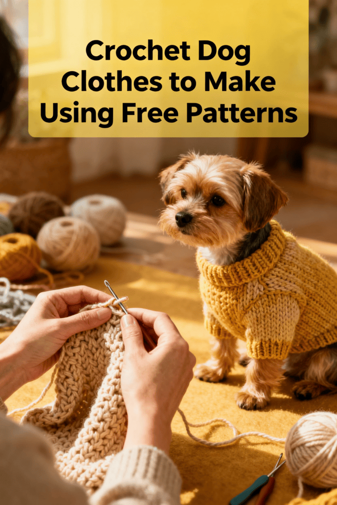 Hands showing crocheting a cozy dog sweater with soft yarn and a finished small dog wearing the handmade garment, with overlay text reads "Crochet Dog Clothes to Make 