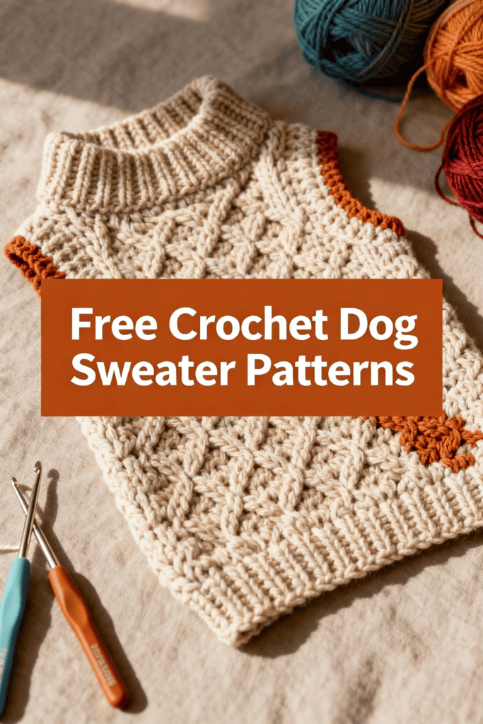 A close-up of a cozy, handmade crochet dog sweater laid flat on a table with crochet hooks and colorful yarn nearby, with white text: "Free Crochet Dog Sweater Patterns"
