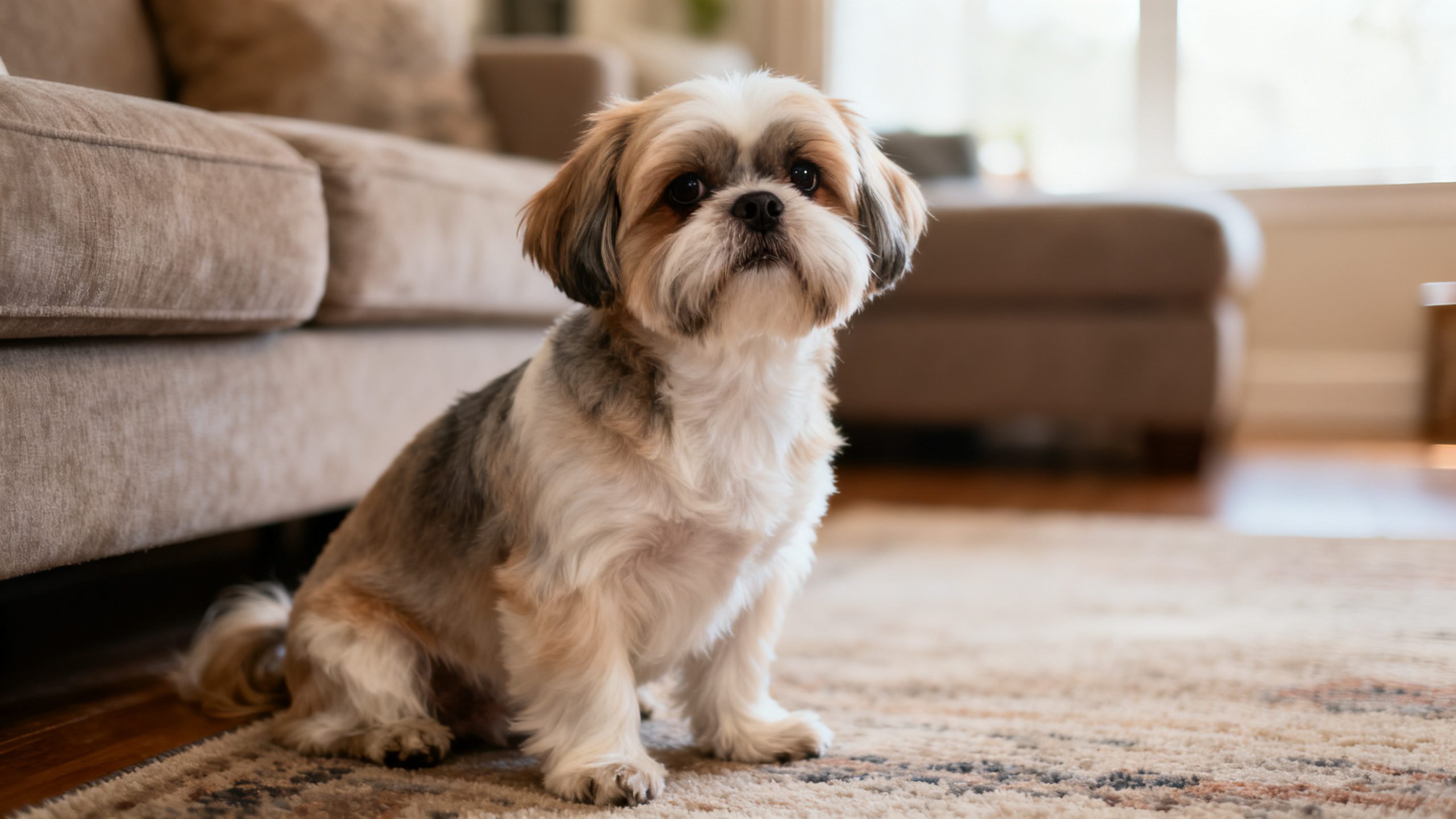 10 Tiny Dog Breeds That Don't Shed 1 Small fluffy white dog sitting calmly on a sofa in a bright living room
