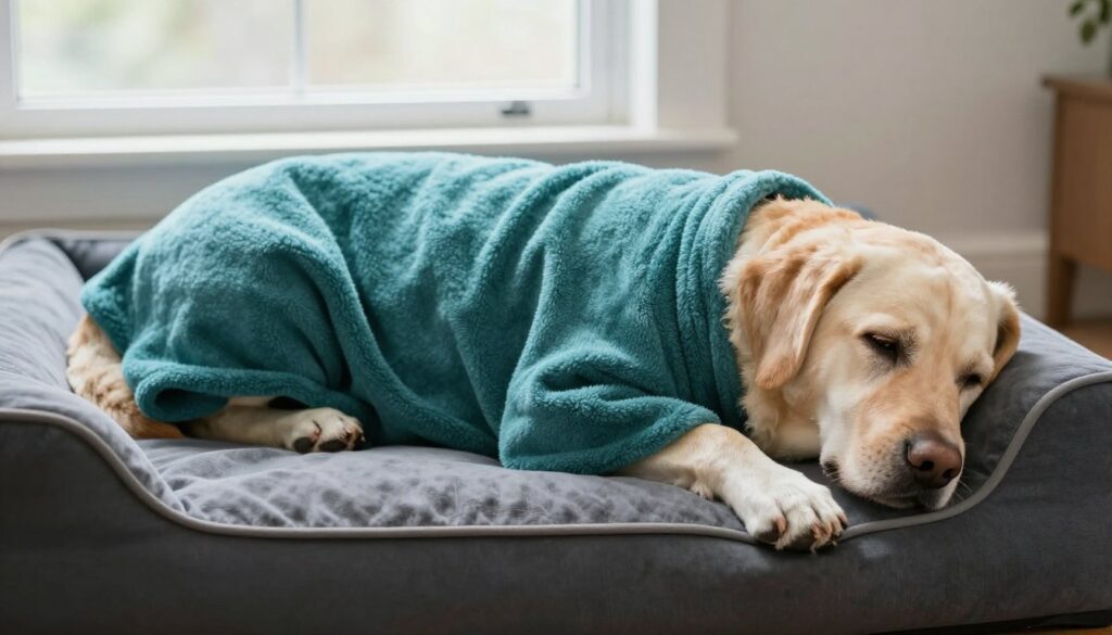 10 Easy Diy Dog Pyjamas You Can Make at Home 5 Older Labrador resting in a homemade fleece dog pyjama wrap