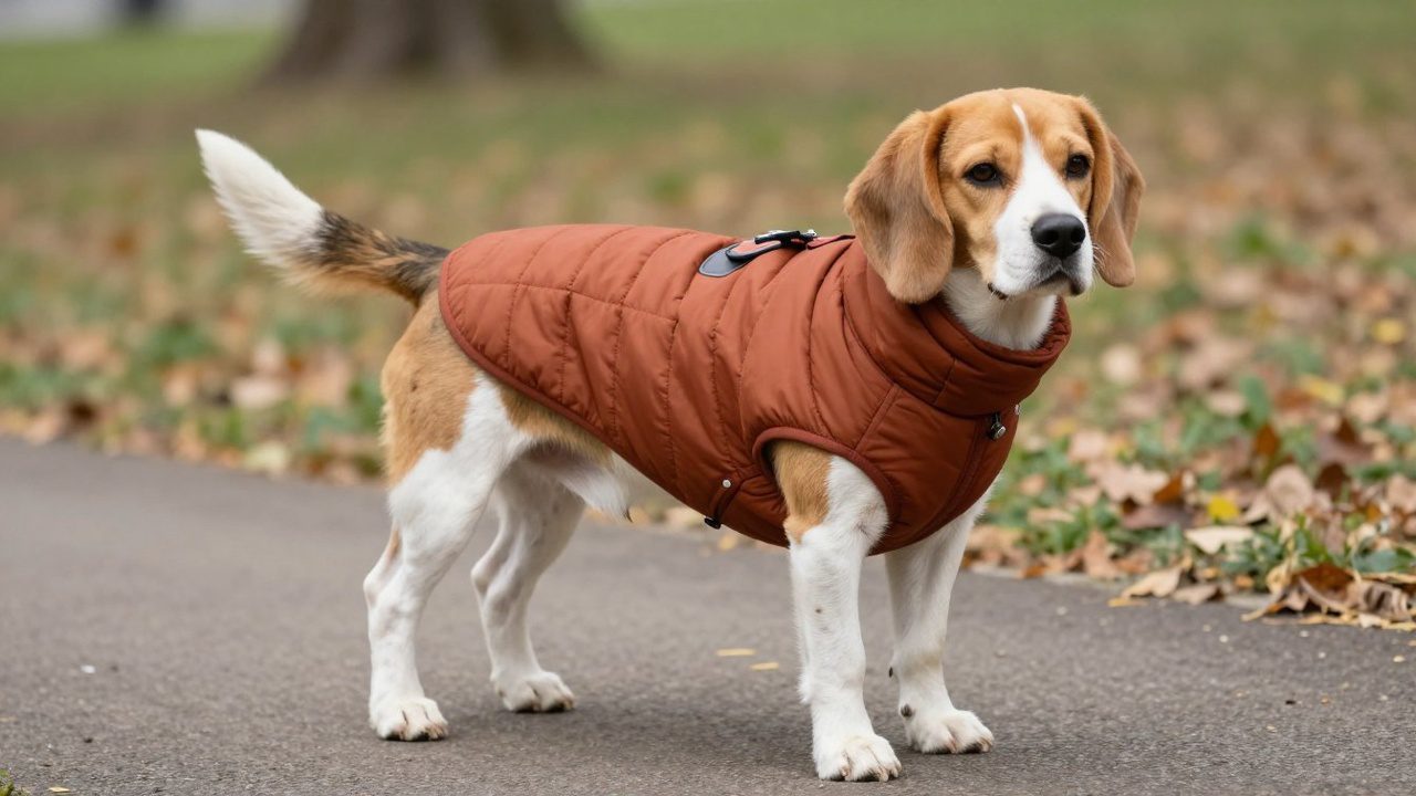 a Beagle wearing a stylish rust-coloured quilted dog jacket, standing naturally on a path in a bright leafy park