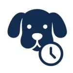 A logo with a silouhette of a dog head with a small clock